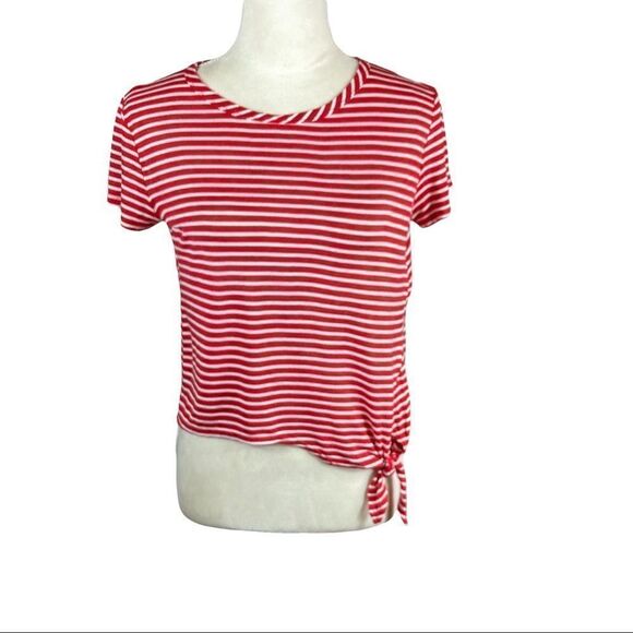 Olivia Rae Red and White Striped Short Sleeve Shirt With Side Tie, Size M - Picture 1 of 5